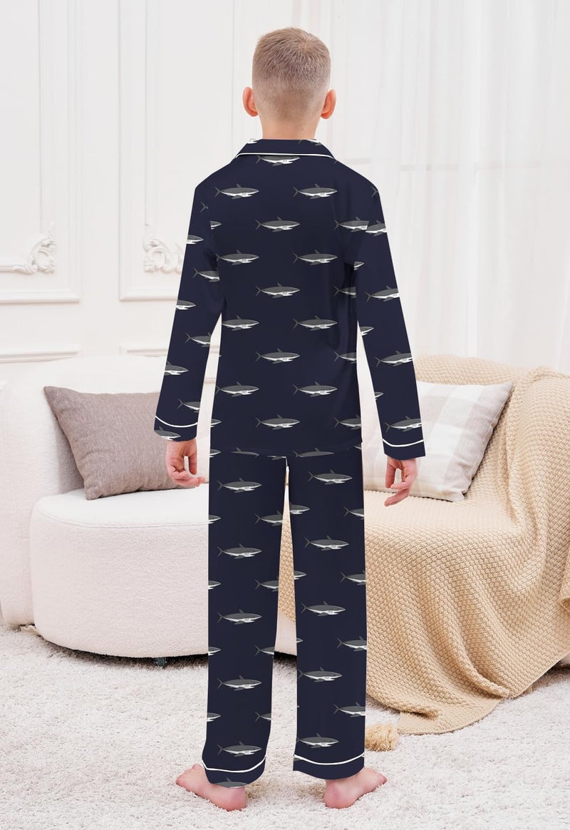 Schbbbta Boys Silk Pajamas Set Long Sleeve 2 Piece Sleepwear for Kids, Navy Shark, 9-10 Years - Image 4