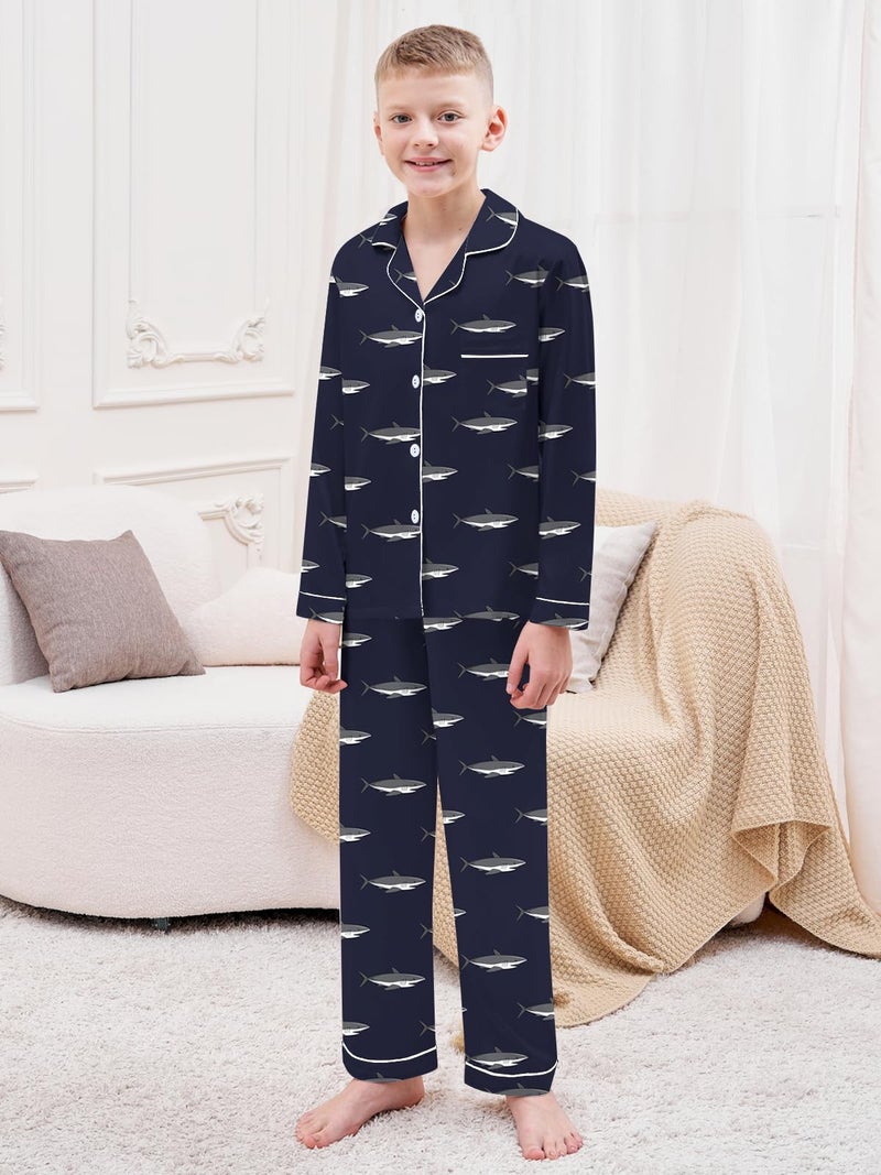 Schbbbta Boys Silk Pajamas Set Long Sleeve 2 Piece Sleepwear for Kids, Navy Shark, 9-10 Years - Image 2