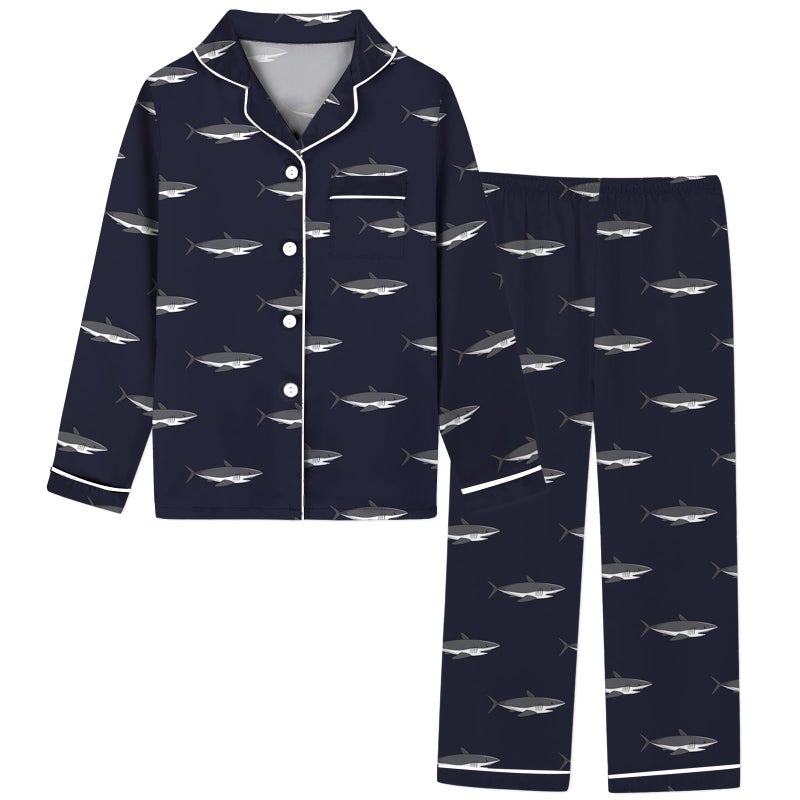 Schbbbta Boys Silk Pajamas Set Long Sleeve 2 Piece Sleepwear for Kids, Navy Shark, 9-10 Years - Image 1