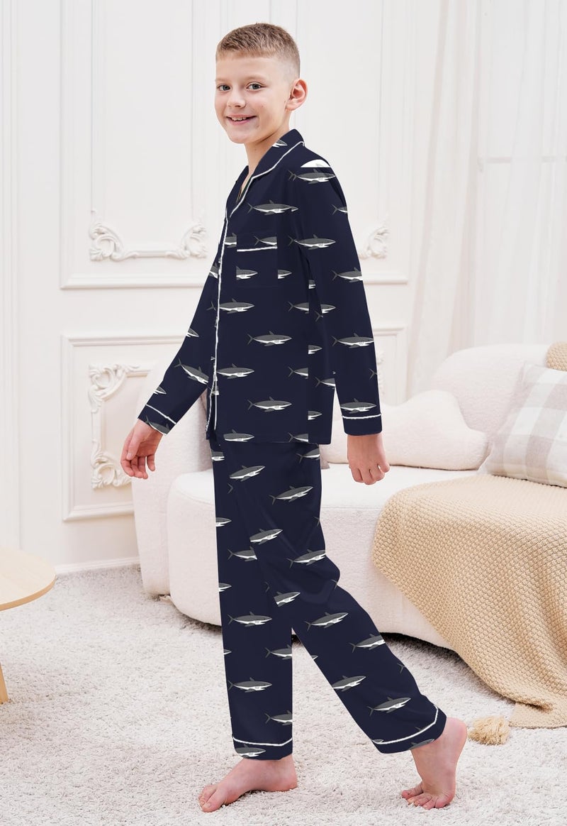 Schbbbta Boys Silk Pajamas Set Long Sleeve 2 Piece Sleepwear for Kids, Navy Shark, 9-10 Years - Image 3