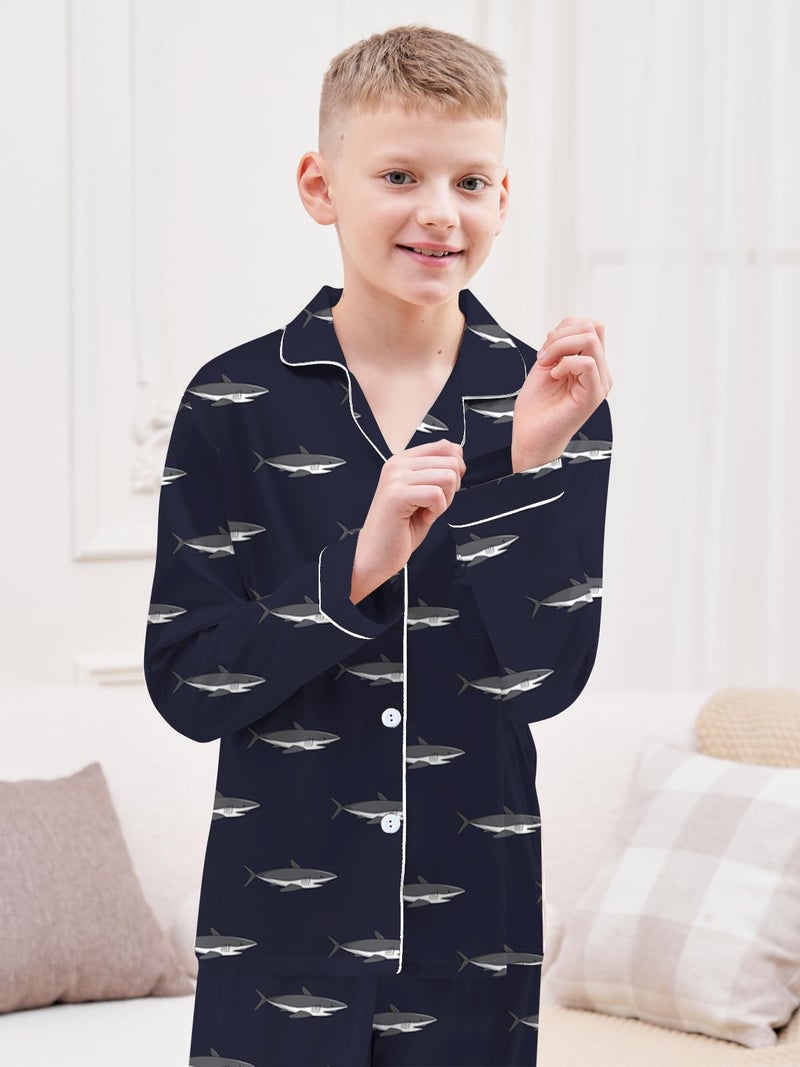 Schbbbta Boys Silk Pajamas Set Long Sleeve 2 Piece Sleepwear for Kids, Navy Shark, 9-10 Years - Image 5