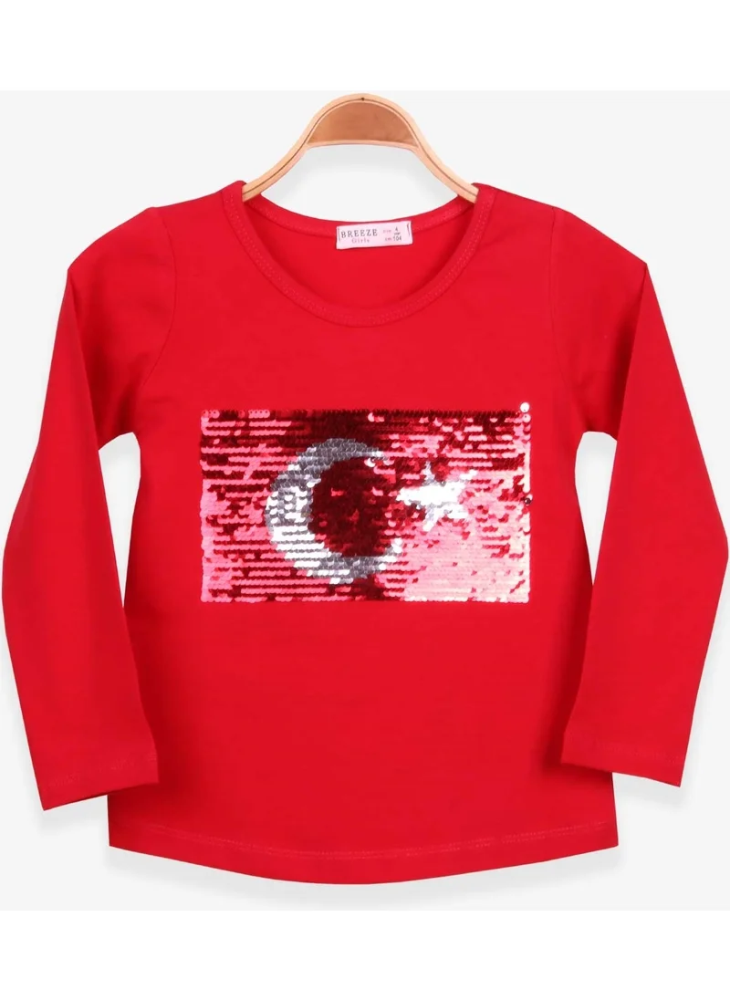 بريز Girl Long Sleeve T-Shirt Sequin Moon Star Red (4-12 Ages)