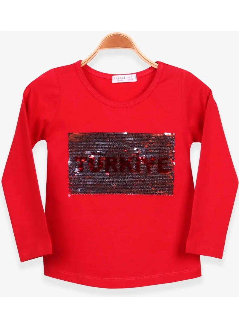 بريز Girl Long Sleeve T-Shirt Sequin Moon Star Red (4-12 Ages)
