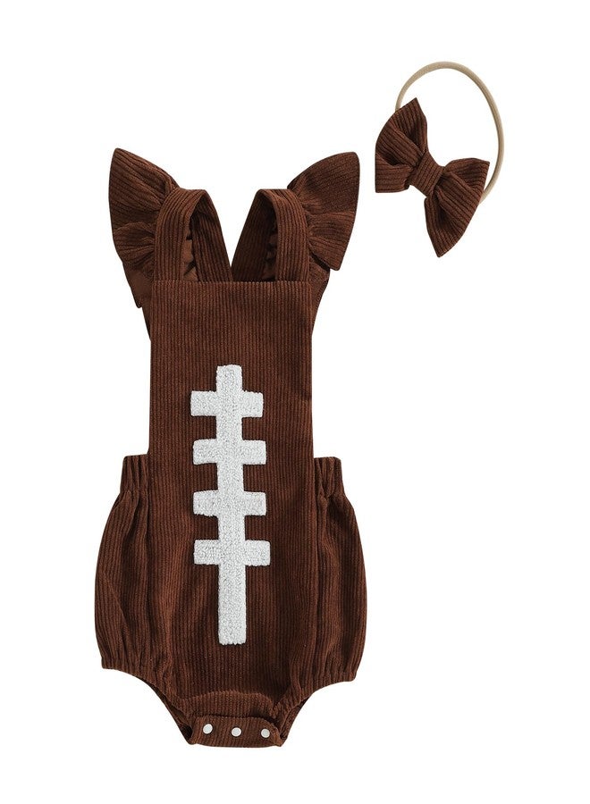 Honganda Baby Girl Football Outfit Fly Sleeve Rugby Embroidery Corduroy Romper with Headband Set Game Day Clothes Overalls (Brown, 0-3 Months) - Image 1