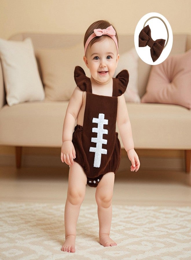 Honganda Baby Girl Football Outfit Fly Sleeve Rugby Embroidery Corduroy Romper with Headband Set Game Day Clothes Overalls (Brown, 0-3 Months) - Image 3