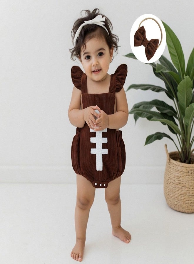 Honganda Baby Girl Football Outfit Fly Sleeve Rugby Embroidery Corduroy Romper with Headband Set Game Day Clothes Overalls (Brown, 0-3 Months) - Image 2
