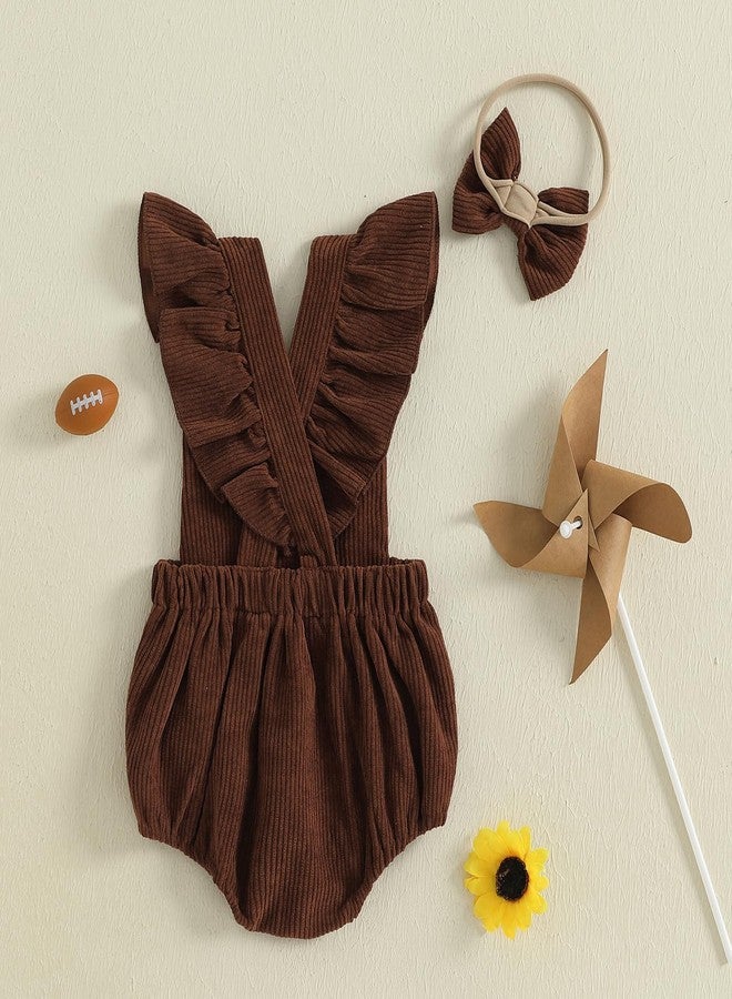 Honganda Baby Girl Football Outfit Fly Sleeve Rugby Embroidery Corduroy Romper with Headband Set Game Day Clothes Overalls (Brown, 0-3 Months) - Image 4
