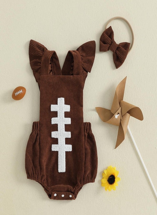 Honganda Baby Girl Football Outfit Fly Sleeve Rugby Embroidery Corduroy Romper with Headband Set Game Day Clothes Overalls (Brown, 0-3 Months) - Image 5