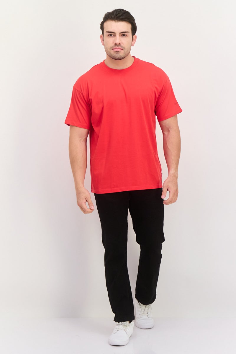 ESPRIT تي شيرت رجالي بأكمام قصيرة و ياقة دائرية، مزخرف، أحمر - Image 4