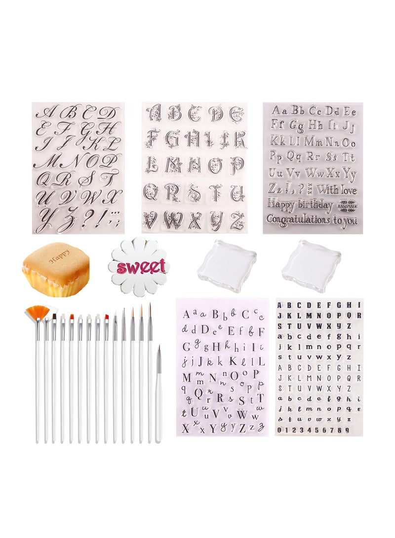 Alphabet Cake Stamp Set Acrylic Stamping Blocks 5 Pieces Cake Brushes Embossed Alphabet Tool for DIY Baking - Image 1
