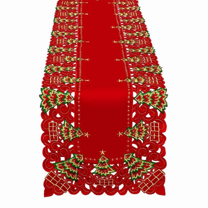 EMBROIDERED CHRISTMAS HOLIDAY HOLLY TREE TABLE RUNNER DRESSER SCARF RECTANGULAR 16 X 90 INCH