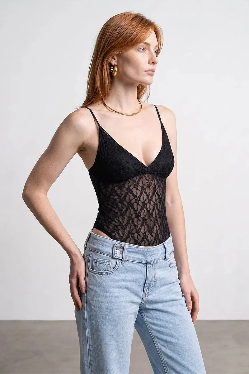 Dilvin Black DILVIN Lace Sleeveless Bodysuit Blouse for Women | Best Price UAE