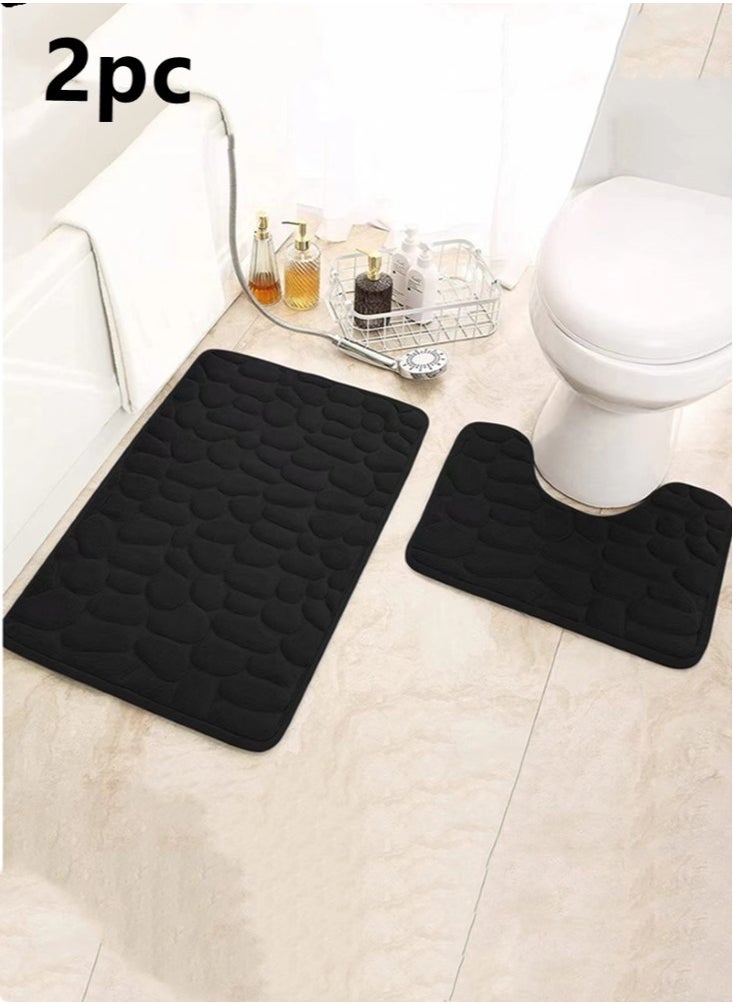 Kutis - 2-Piece Bathroom Coral Velvet Floor Mat Suit Absorbent Anti-Slip Toilet Carpet Set Black - Image 1