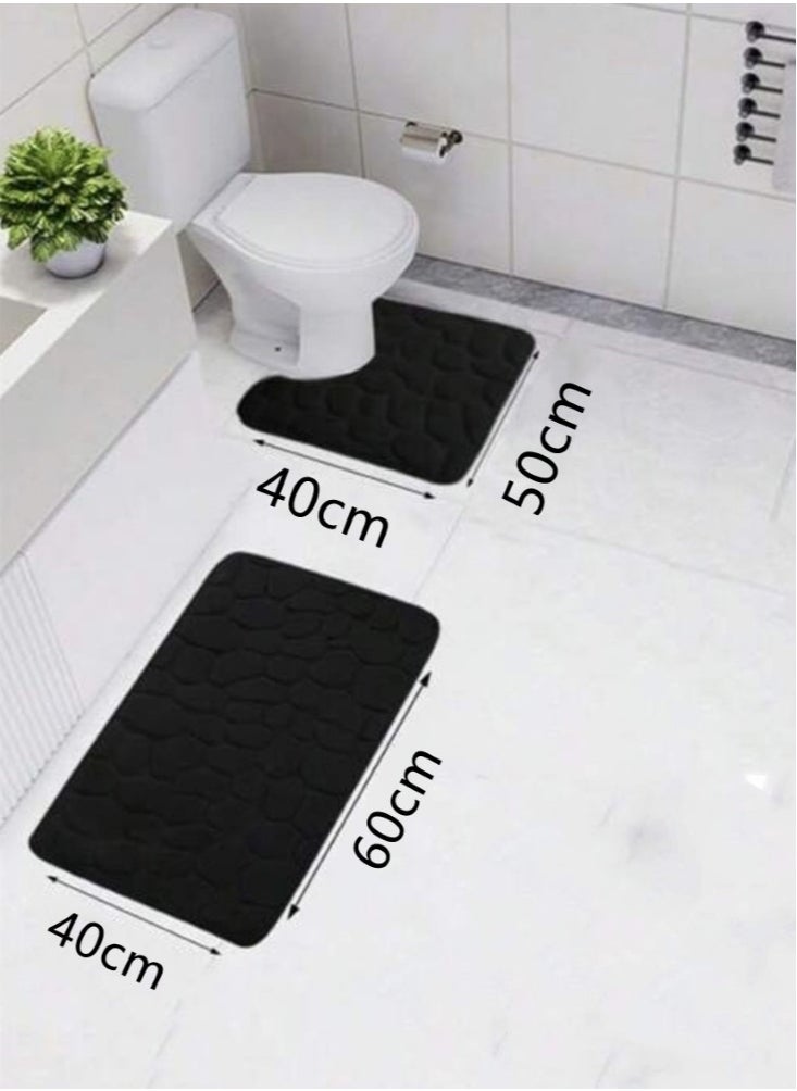 Kutis - 2-Piece Bathroom Coral Velvet Floor Mat Suit Absorbent Anti-Slip Toilet Carpet Set Black - Image 1