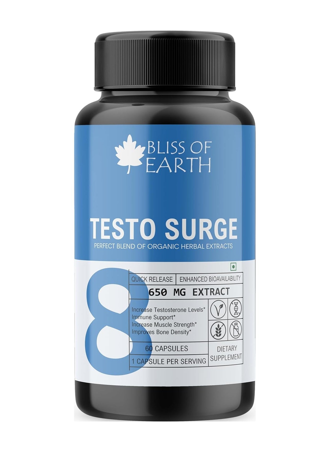 BLISS OF EARTH Bliss of Earth Testo Booster Pills, 100% Natural Testosterone Booster For Men, 650mg Per Serving, 60 Count 