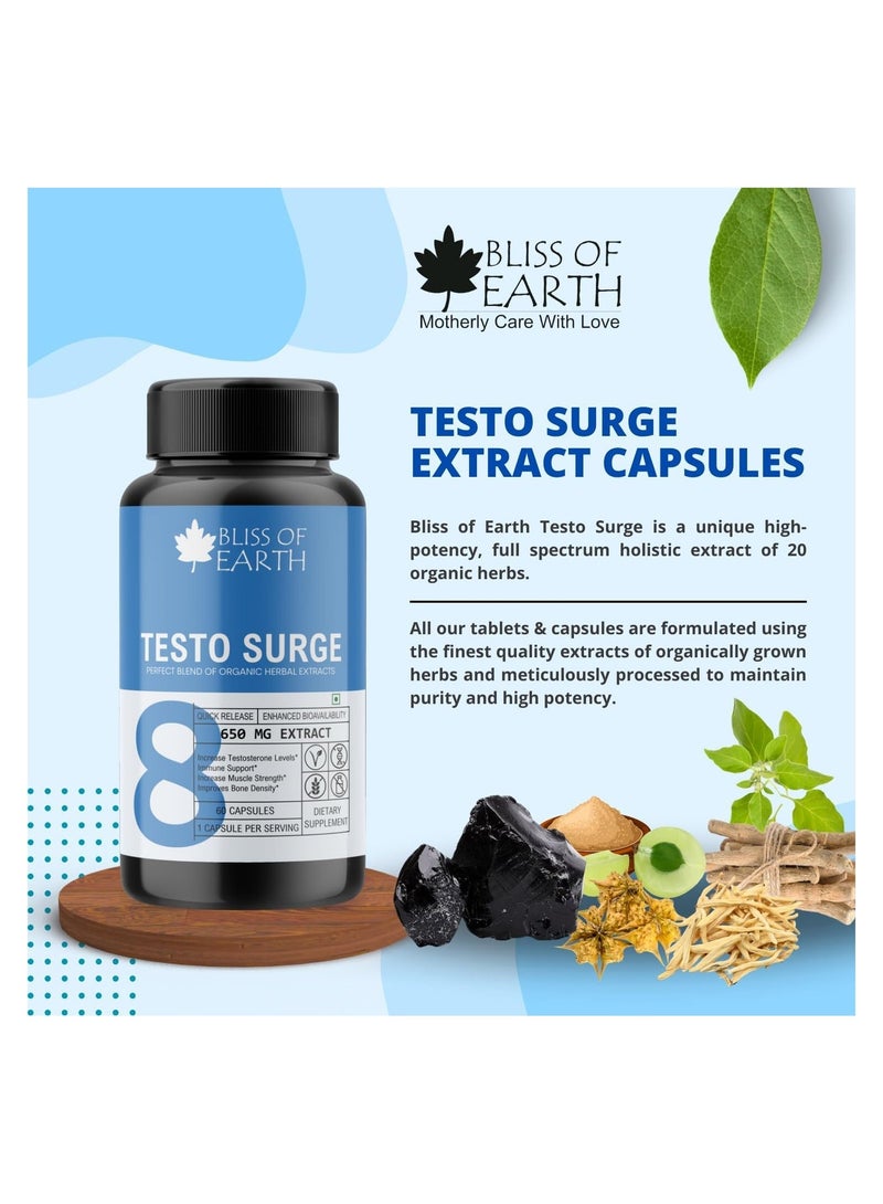 Bliss of Earth Testo Surge Testosterone Booster Pills For Men 650mg Herbal Extract Capsules, Men's Vitality & Performance Support, Natural Testosterone Support Formula, Immune & Strength Support, 60 Capsules - Image 5