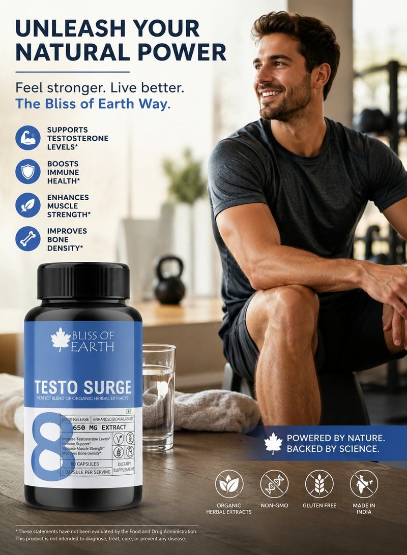 Bliss of Earth Testo Surge Testosterone Booster Pills For Men 650mg Herbal Extract Capsules, Men's Vitality & Performance Support, Natural Testosterone Support Formula, Immune & Strength Support, 60 Capsules - Image 2