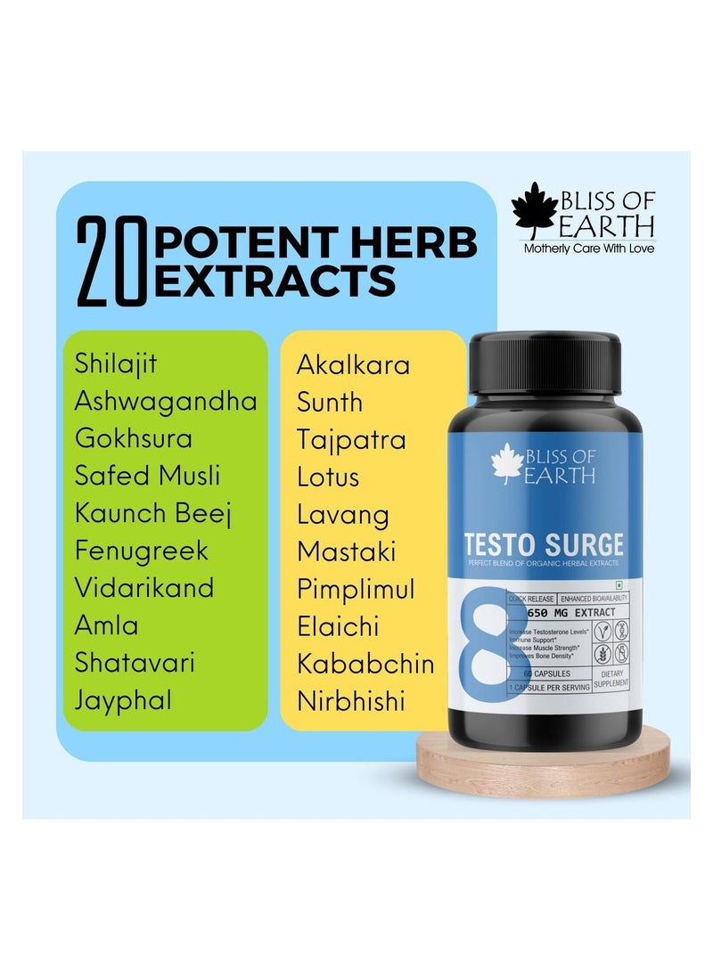 Bliss of Earth Testo Surge Testosterone Booster Pills For Men 650mg Herbal Extract Capsules, Men's Vitality & Performance Support, Natural Testosterone Support Formula, Immune & Strength Support, 60 Capsules - Image 4