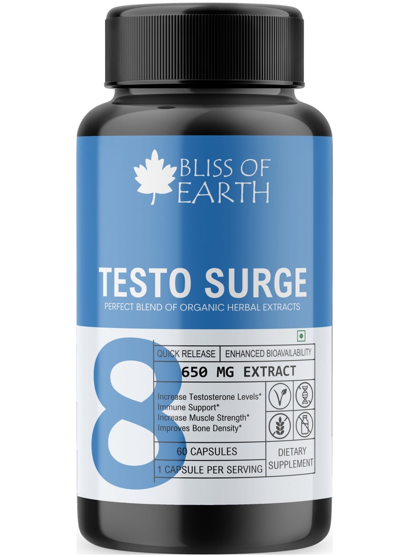 Bliss of Earth Testo Surge Testosterone Booster Pills For Men 650mg Herbal Extract Capsules, Men's Vitality & Performance Support, Natural Testosterone Support Formula, Immune & Strength Support, 60 Capsules - Image 1