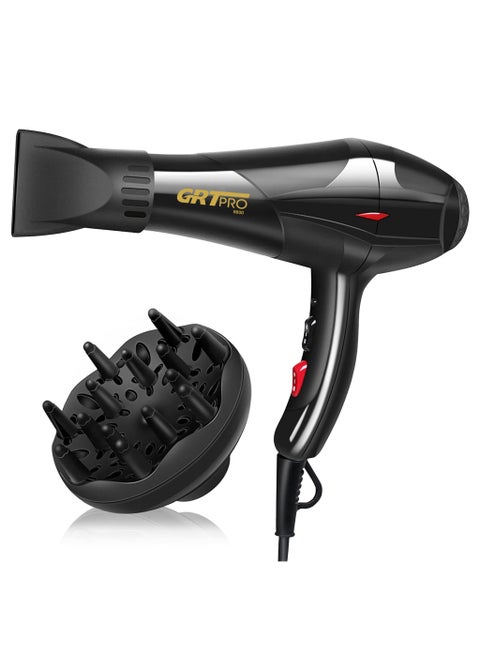 GRT PRO Professional Hair Dryer 3500W Ionic Hairdryer AC Motor Blue Light Anion with 1 Diffuser & 2 Nozzles Accessories, Overheating Protection 2 Speeds 3 Heat Settings for Women Men Home Salon