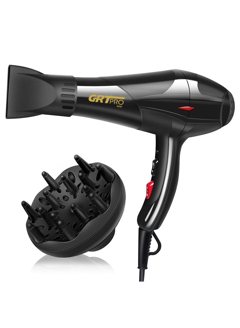 GRT PRO مجفف شعر احترافي 3500 واط مجفف شعر أيوني بمحرك تيار متردد ضوء أزرق أنيون مع 1 ناشر و 2 فوهات ملحقات، حماية من السخونة الزائدة 2 سرعات 3 إعدادات حرارة للنساء والرجال صالون المنزل - Image 1