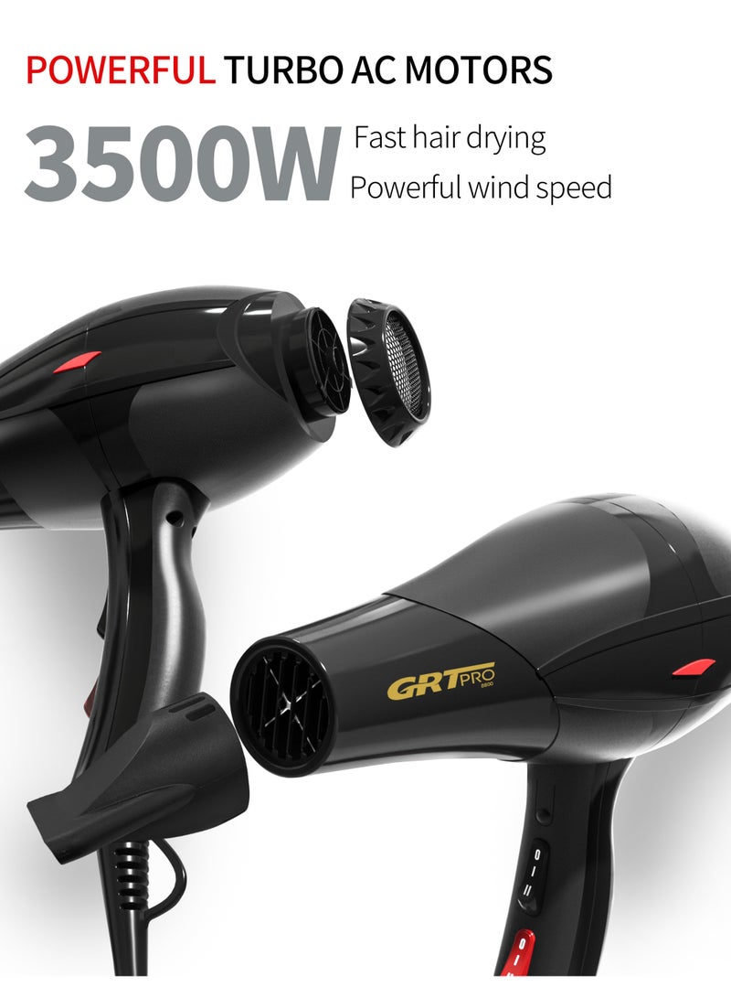 GRT PRO مجفف شعر احترافي 3500 واط مجفف شعر أيوني بمحرك تيار متردد ضوء أزرق أنيون مع 1 ناشر و 2 فوهات ملحقات، حماية من السخونة الزائدة 2 سرعات 3 إعدادات حرارة للنساء والرجال صالون المنزل - Image 2