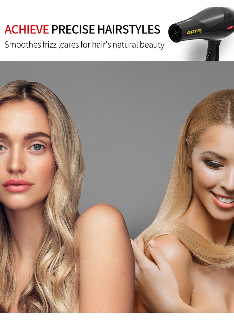 GRT PRO مجفف شعر احترافي 3500 واط مجفف شعر أيوني بمحرك تيار متردد ضوء أزرق أنيون مع 1 ناشر و 2 فوهات ملحقات، حماية من السخونة الزائدة 2 سرعات 3 إعدادات حرارة للنساء والرجال صالون المنزل - Image 3