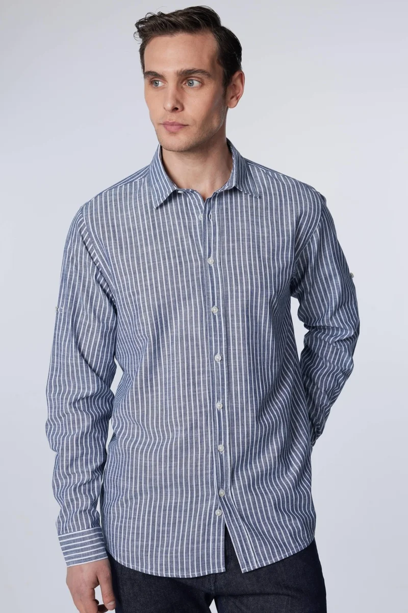 تودورس Classic Fit Long Sleeve Striped Sleeve Folded Summer Linen Texture Men's Shirt