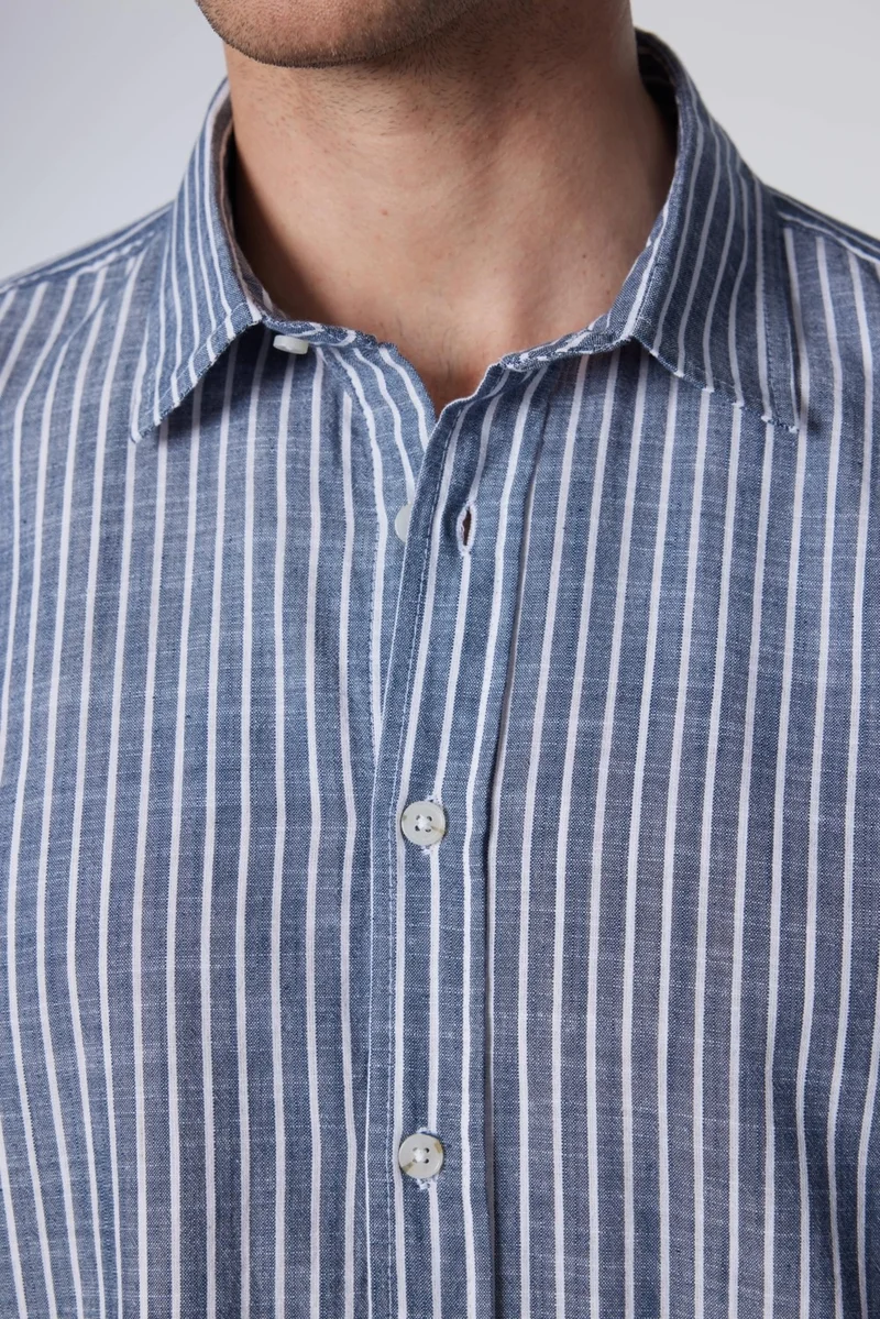 تودورس Classic Fit Long Sleeve Striped Sleeve Folded Summer Linen Texture Men's Shirt