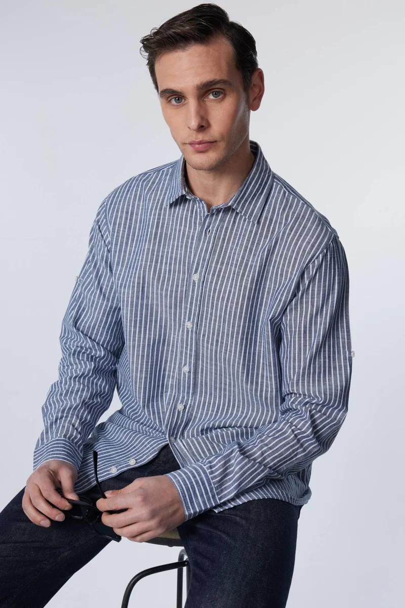 تودورس Classic Fit Long Sleeve Striped Sleeve Folded Summer Linen Texture Men's Shirt