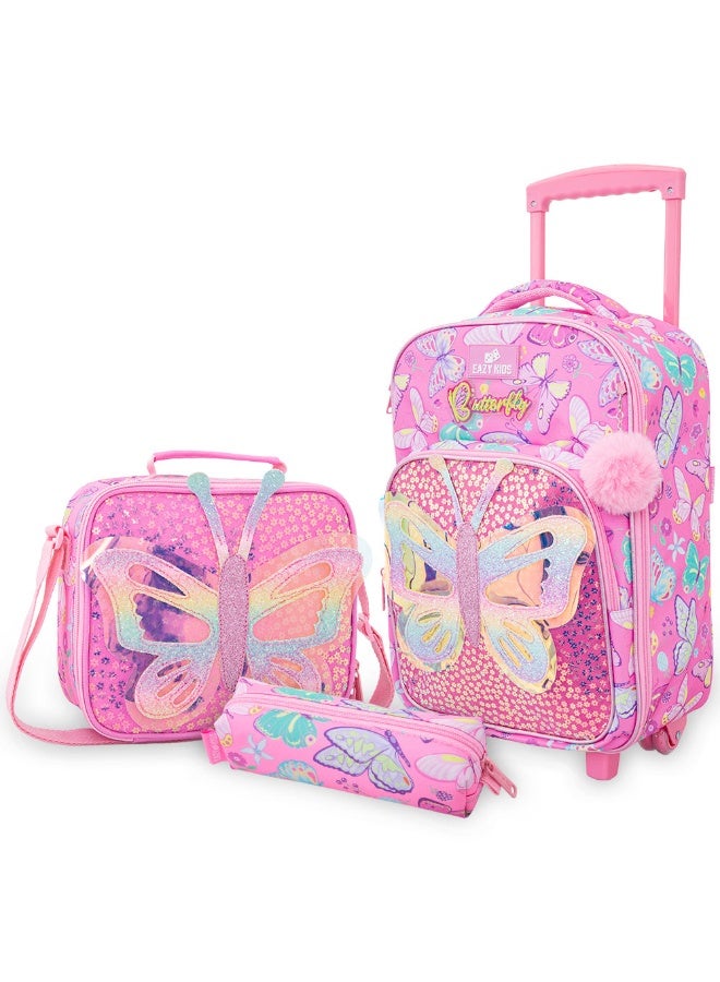 Eazy Kids 17” 3-Piece Trolley School Backpack with Lunch Bag & Pencil Case,Butterfly Pink - Image 1