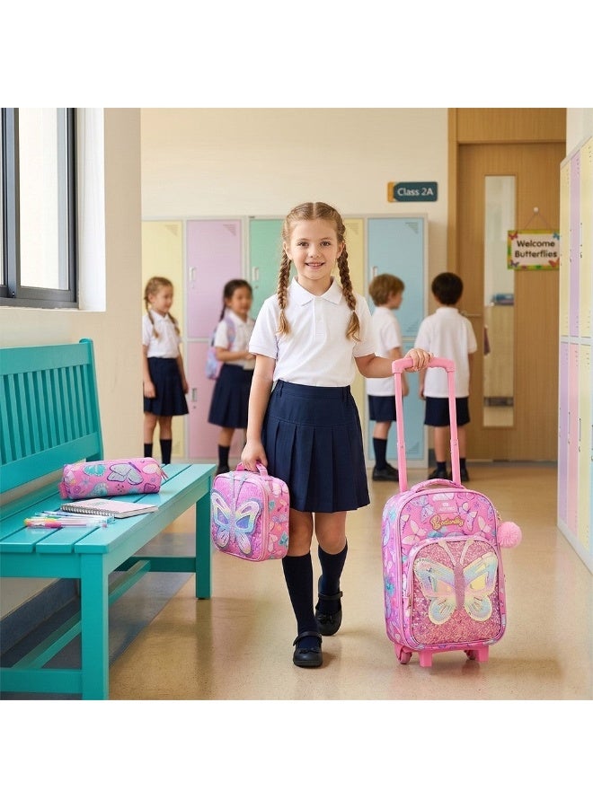 Eazy Kids 17” 3-Piece Trolley School Backpack with Lunch Bag & Pencil Case,Butterfly Pink - Image 2