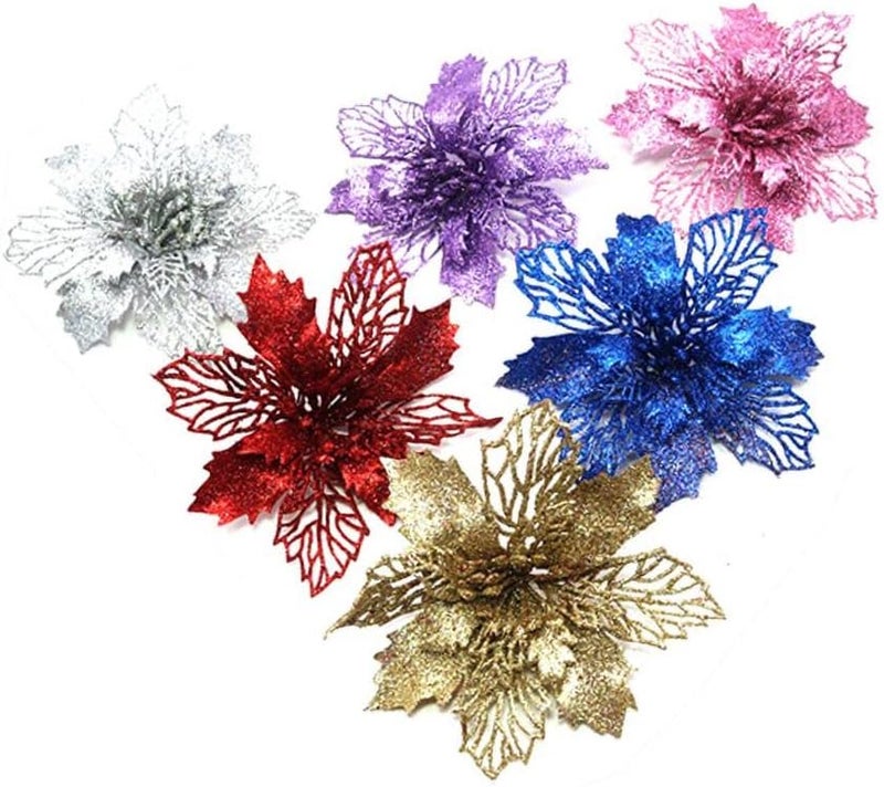 ويوبلز مجموعة زهور لامعة لعيد الميلاد، 6 قطع، زينة شجرة عيد الميلاد اللامعة، زهور صناعية لتزيين شجرة عيد الميلاد - Image 3