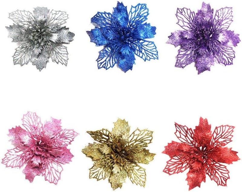 ويوبلز مجموعة زهور لامعة لعيد الميلاد، 6 قطع، زينة شجرة عيد الميلاد اللامعة، زهور صناعية لتزيين شجرة عيد الميلاد - Image 2