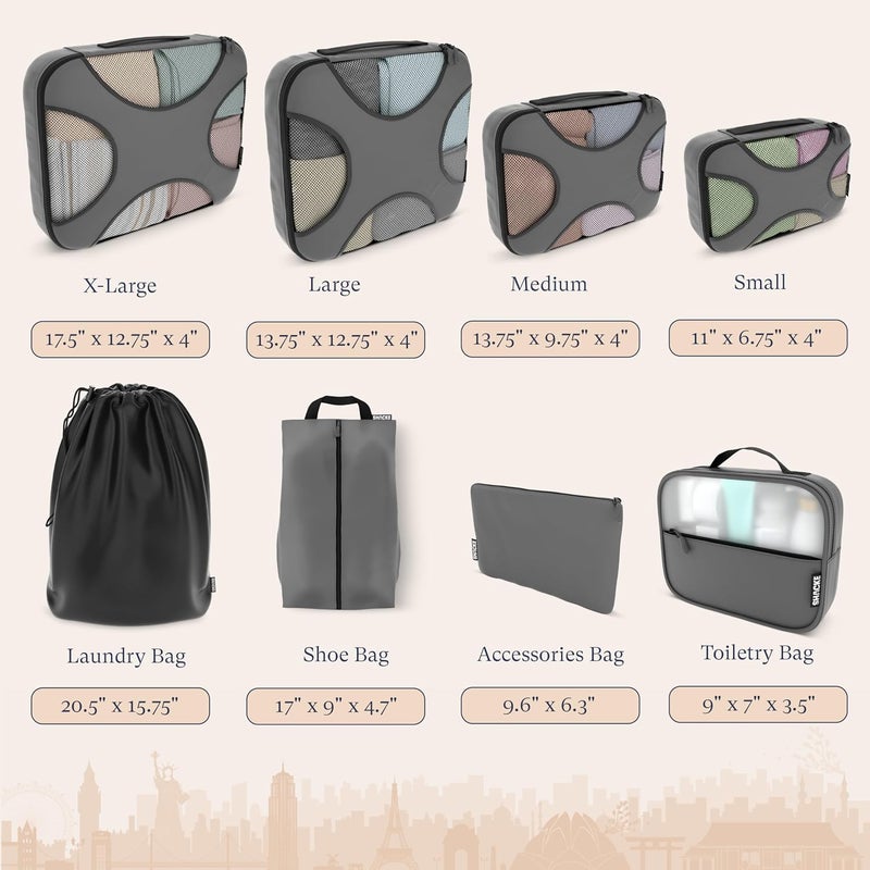 Shacke 8 Set Packing Cubes for Travel, Shoe & Toiletry Bags (Dark Grey) | Complete suitcase organizer bags set: 4 luggage packing cubes + laundry, shoe, toiletry & accessories bags for any trip - Image 4