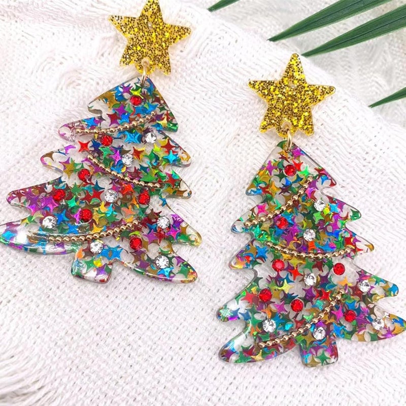 BIGTHREE Christmas Snowflake Earrings - 2 Pcs Colorful Tree and Star Dangle Earrings for Holiday Celebrations - Image 5