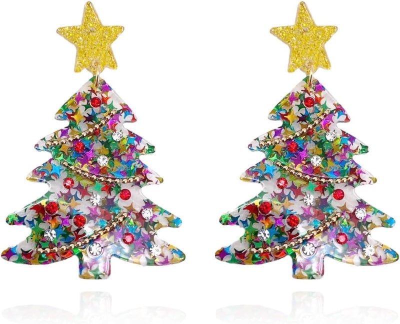 BIGTHREE Christmas Snowflake Earrings - 2 Pcs Colorful Tree and Star Dangle Earrings for Holiday Celebrations - Image 1
