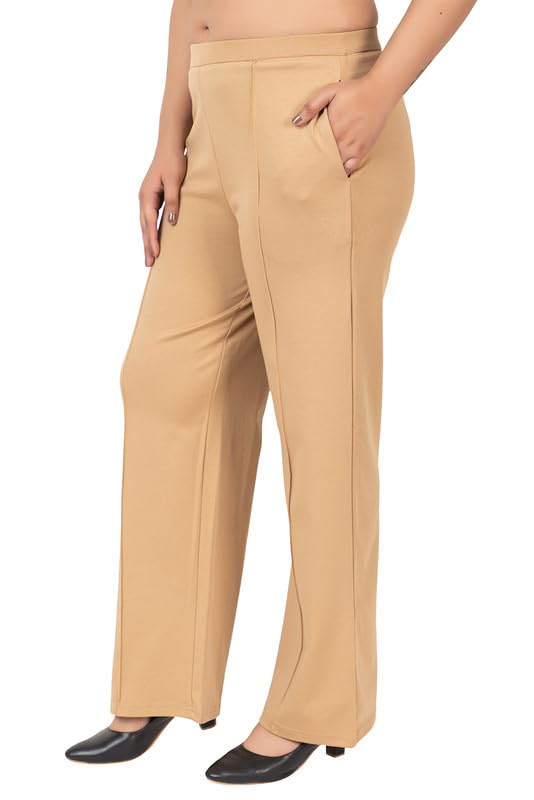 Mlada Store Mlada Mid Waist Wide Leg Flared Pants Elastic Waist Band for Women Office Work Formal Wear Stretch Cotton Knit Flare Pants Utility Pockets Extra Flare Pants Trousers for Travel Beige - Image 1