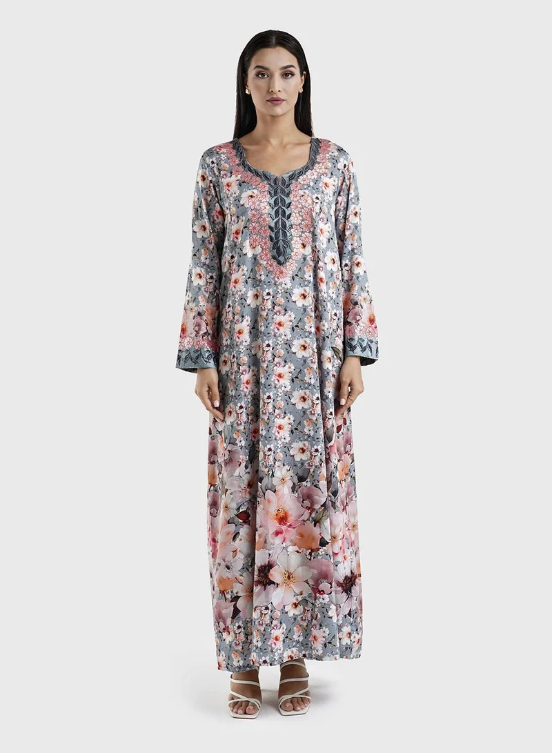 KASHKHA Cotton Satin Floral Print Grey Pink Jalabiya (VG2888)