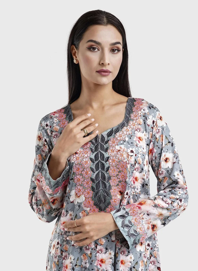 KASHKHA Cotton Satin Floral Print Grey Pink Jalabiya (VG2888)
