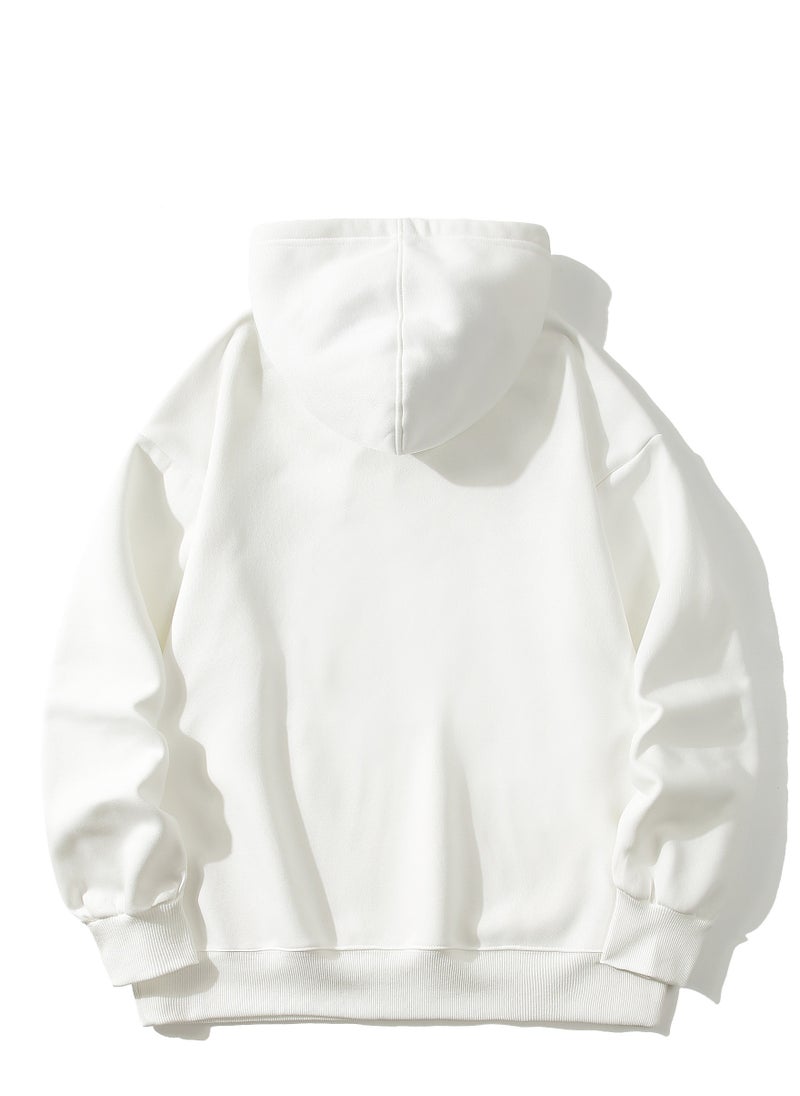 Loquat New Fleece Loose Off Shoulder Hoodie For Men With Thick Solid Color White  - Image 2