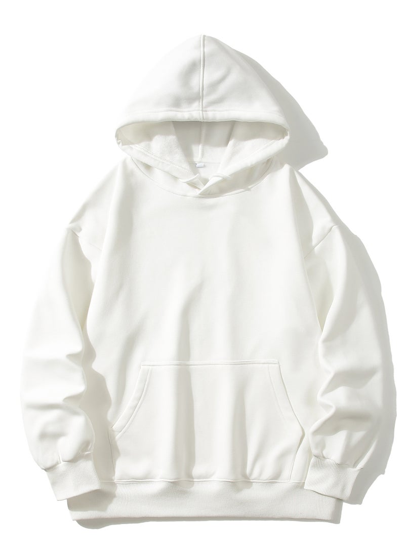 Loquat New Fleece Loose Off Shoulder Hoodie For Men With Thick Solid Color White  - Image 1