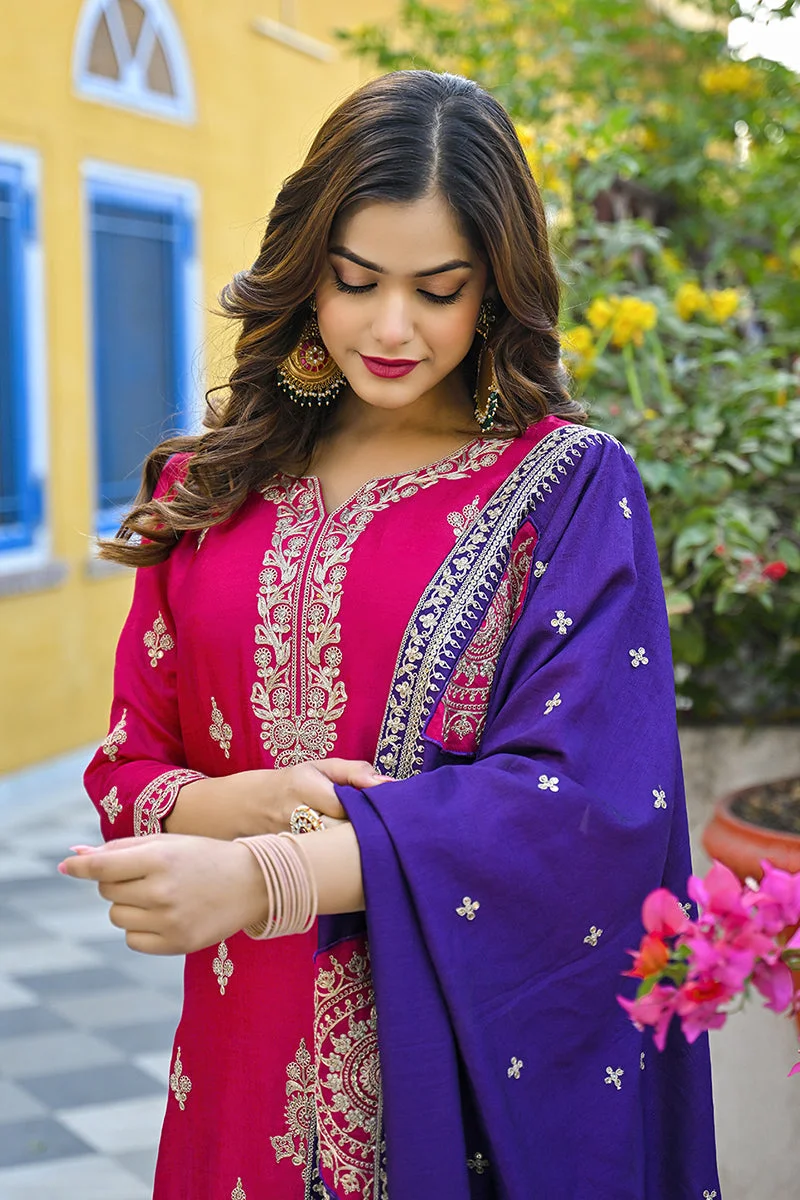 زيري سوق Pink Silk Blend Solid Embroidered Straight 3-Piece Kurta Set