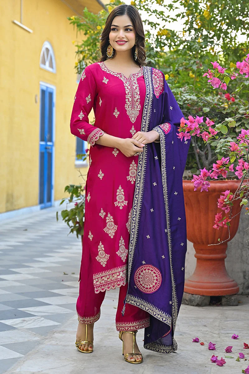 زيري سوق Pink Silk Blend Solid Embroidered Straight 3-Piece Kurta Set