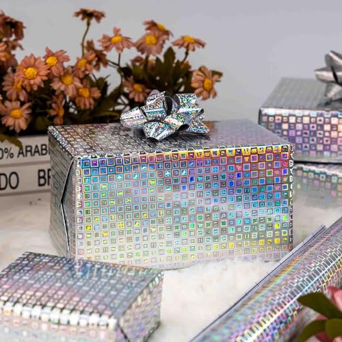 Merture 17 In X 32.8 Ft (46.5 sq.ft.) Holographic Wrapping Paper Roll, Silver Blocks Gift Wrap with Animals for Wedding, Birthday, Christmas, Mother's Day, Bridal Shower, Easter - Image 5