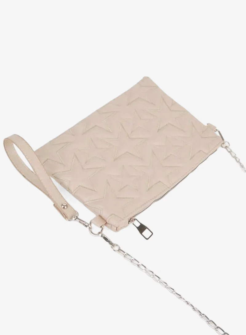 Women's Vizon Star Embroidered Synthetic Leather Wrist and Chain Strap Portfolio Hand and Clutch Bag.
