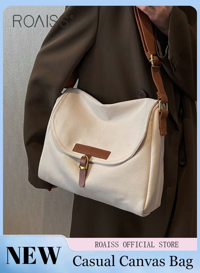 roaiss Women's Canvas Bag Large Capacity One Shoulder Messenger Tote Bag Casual Solid Color Versatile Work Commuting for Ladies Girls College Students  - Image 1