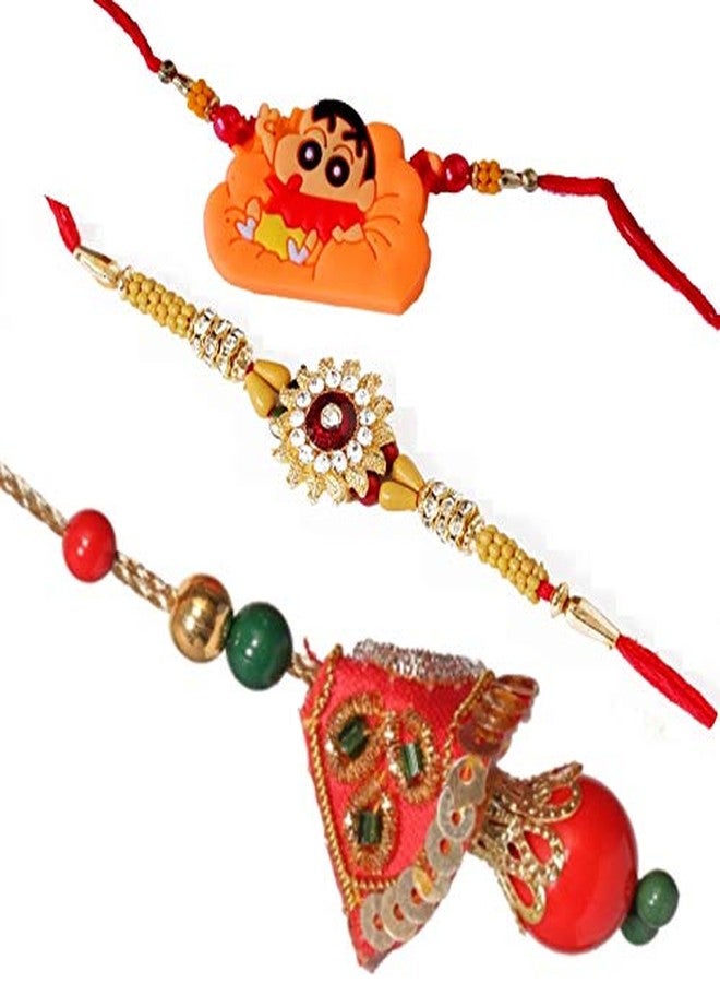Suninow Designer Non-Precious Metal Bhaiya Bhabhi and Bhatija Rakhi Set (Orange)