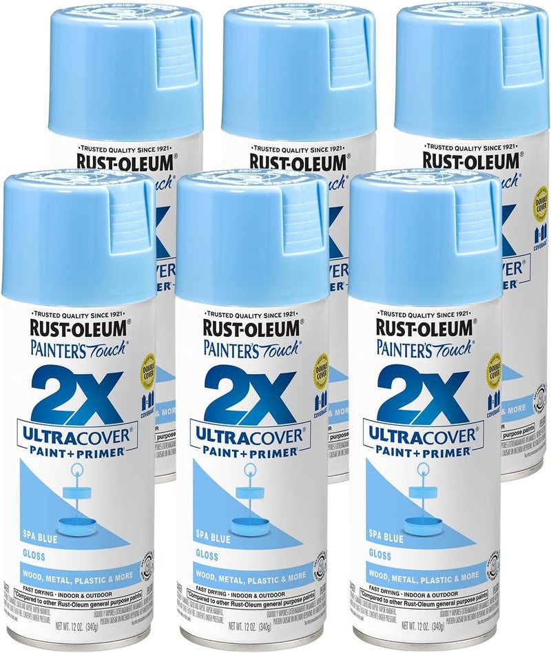 RUST-OLEUM 249093-6PK Painter's Touch 2X Ultra Cover Spray Paint, 12 oz, Gloss Spa Blue, 6 Pack - Image 1