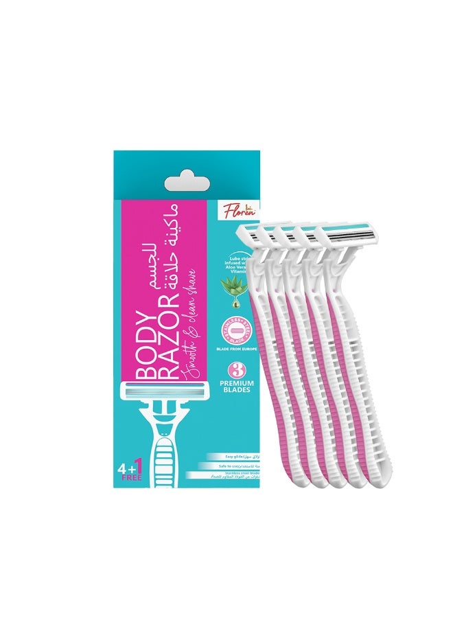 Floren Floren Disposable Body Razors for Women - Pack of 5 | With Aloe Vera & Vitamin E Strip | 3 Premium SS European Blade | Smooth & Clean Shave | Hair Removal | For Arms, legs and Bikini Line |(Buy 4, Get 1 Free)|  - Image 1